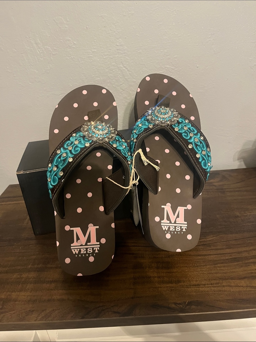 Montana West Brown Polka Dot Flip Flops with Turquoise Beaded Straps